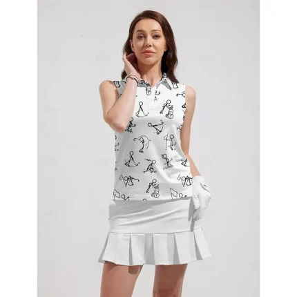 Women's Golf Polo Shirt Black White Sleeveless Top Cartoon Ladies Golf Attire Clothes Outfits Wear Apparel